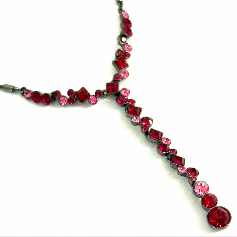 Givenchy Lariat Style Drop Mixed Crystal Necklace Pink Red Gunmetal Gray - Picture 5 of 7